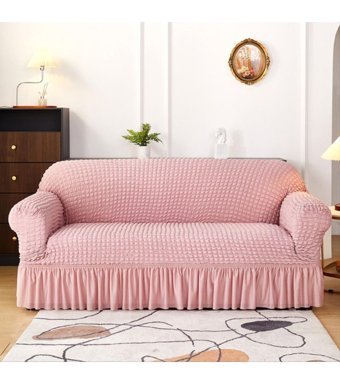 Uy Style Tekstil Polyester Bürümcük-Likralı Drapeli Süngerli Düz Giydirmeli Pembe Tekli Koltuk Örtüsü 180x230 cm