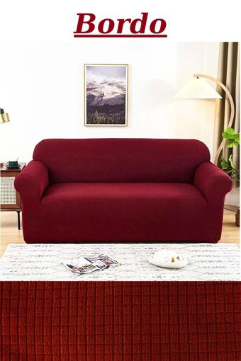 Kanway Polyester Likralı Süngersiz Düz Giydirmeli Krem Üçlü Koltuk Örtüsü 180x230 cm