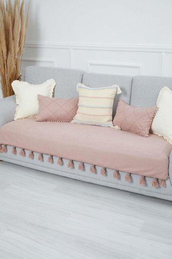 Aisha's Design KO-26 Polyester Örgü Püsküllü Süngersiz Düz Pembe Tekli Koltuk Örtüsü 34x48 cm