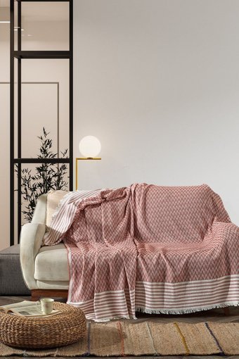 Vagonik Pamuklu Polar Saçaklı Süngersiz Çizgili Turuncu Tekli Koltuk Örtüsü 170x210 cm