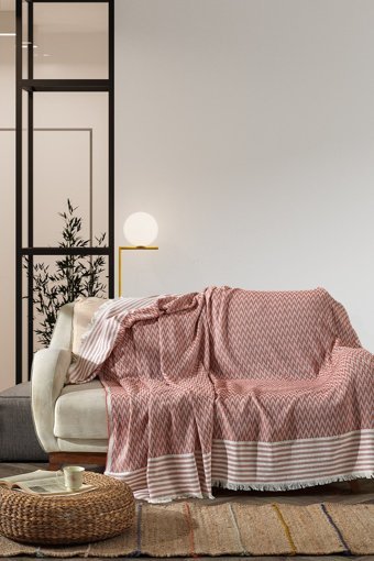 Vagonik Pamuklu Polar Saçaklı Süngersiz Çizgili Turuncu Tekli Koltuk Örtüsü 170x210 cm