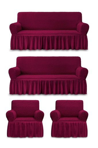 Iydgah Polyester Bürümcük-Likralı Fırfırlı Süngersiz Kapitone Giydirmeli Bordo 3-3-1-1 Koltuk Örtüsü 180x230 cm