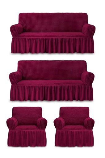 Iydgah Polyester Bürümcük-Likralı Fırfırlı Süngersiz Kapitone Giydirmeli Bordo 3-3-1-1 Koltuk Örtüsü 180x230 cm