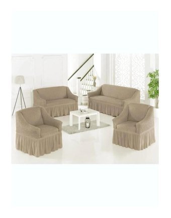 Uytm Polyester Bürümcük-Likralı Drapeli Süngerli Çizgili Giydirmeli Kahverengi Dörtlü Koltuk Örtüsü 180x230 cm