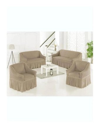Uytm Polyester Bürümcük-Likralı Drapeli Süngerli Çizgili Giydirmeli Kahverengi Dörtlü Koltuk Örtüsü 180x230 cm