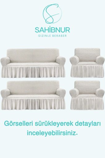 Sahibnur Pamuklu - Polyester Bürümcük Jakarlı Süngersiz Geometrik Desenli Giydirmeli Bej Dörtlü Koltuk Örtüsü 180x230 cm