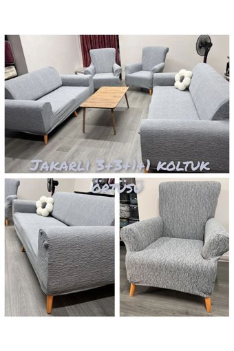 Güzel Aral Pamuklu - Polyester Jakarlı Kırçıllı Giydirmeli Gri 3-3-1-1 Koltuk Örtüsü 180x230 cm