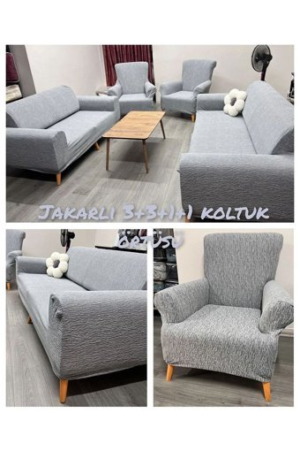 Güzel Aral Pamuklu - Polyester Jakarlı Kırçıllı Giydirmeli Gri 3-3-1-1 Koltuk Örtüsü 180x230 cm