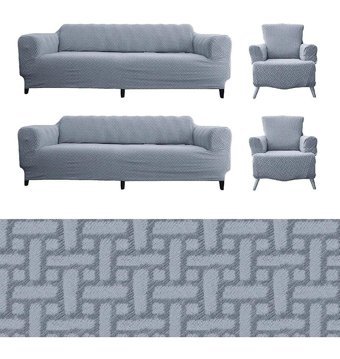 Tuchmall Pamuklu - Polyester Bürümcük-Likralı Jakarlı Süngerli Geometrik Desenli Giydirmeli Gri Dörtlü Koltuk Örtüsü 180x230 cm