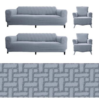 Tuchmall Pamuklu - Polyester Bürümcük-Likralı Jakarlı Süngerli Geometrik Desenli Giydirmeli Gri Dörtlü Koltuk Örtüsü 180x230 cm
