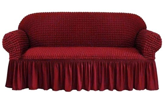Karahanlı Polyester Bürümcük-Likralı Fırfırlı Süngersiz Kapitone Giydirmeli Bordo Üçlü Koltuk Örtüsü 130x170 cm
