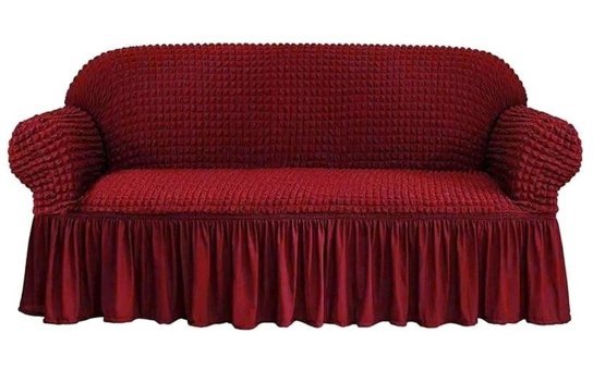 Karahanlı Polyester Bürümcük-Likralı Fırfırlı Süngersiz Kapitone Giydirmeli Bordo Üçlü Koltuk Örtüsü 130x170 cm