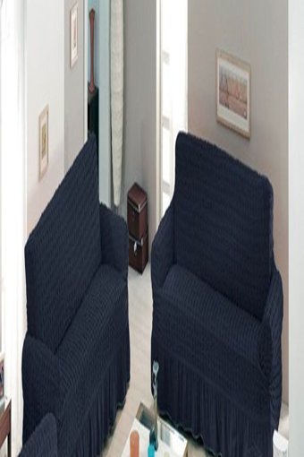 Bilgiçler Pamuklu - Polyester Bürümcük Fırfırlı Süngersiz Giydirmeli Lastikli Lacivert İkili Koltuk Örtüsü 110x210 cm
