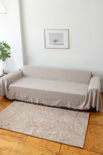Koza Home Pamuklu Saçaklı Süngersiz Geometrik Desenli Bej Tekli Koltuk Örtüsü 300x170 cm