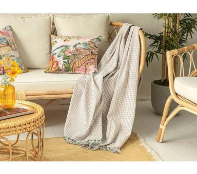 English Home Rozaline Pamuklu Kanvas Saçaklı Süngersiz Armürlü Mavi Dörtlü Koltuk Örtüsü 130x170 cm
