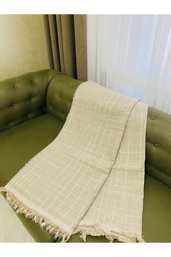 Akfil Pamuklu Püsküllü Süngersiz Çizgili Kahverengi Tekli Koltuk Örtüsü 200x170 cm