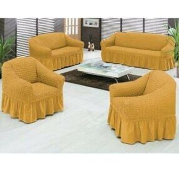Nera Home Pamuklu - Polyester Bürümcük Fırfırlı Süngersiz Geometrik Desenli Giydirmeli Sarı Dörtlü Koltuk Örtüsü 100x100 cm
