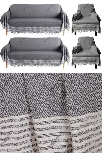 Bumedo Pamuklu Kanvas Püsküllü Süngersiz Armürlü Antrasit Sekizli Koltuk Örtüsü 180x300 cm