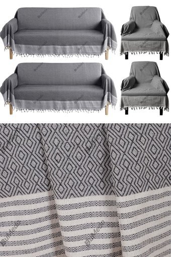 Bumedo Pamuklu Kanvas Püsküllü Süngersiz Armürlü Antrasit Sekizli Koltuk Örtüsü 180x300 cm