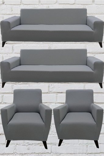 Şahane Ev Mikro Polyester Likralı Jakarlı Süngersiz Düz Giydirmeli Lastikli Gri Üçlü Koltuk Örtüsü 140 cm