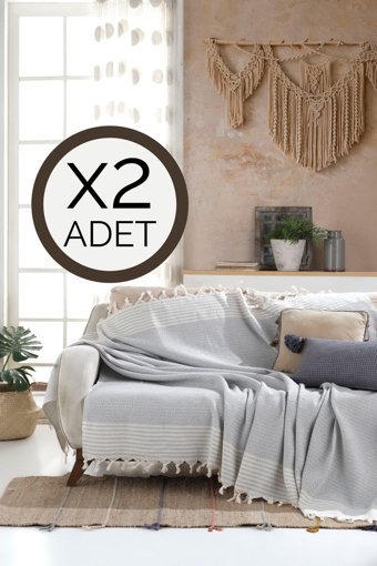 Lux Touch Bergama Pamuklu Püsküllü Süngersiz Geometrik Desenli Gri İkili Koltuk Örtüsü 180x200 cm