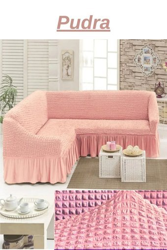 Uytm Polyester Bürümcük-Likralı Drapeli Süngerli Çizgili Giydirmeli Pembe Tekli Koltuk Örtüsü 400x550 cm
