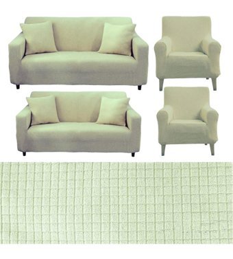 Seltenet Pamuklu - Polyester Likralı Jakarlı Süngersiz Geometrik Desenli Giydirmeli Su Geçirmez Bej Üçlü Koltuk Örtüsü 180x220 cm