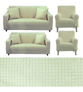 Seltenet Pamuklu - Polyester Likralı Jakarlı Süngersiz Geometrik Desenli Giydirmeli Su Geçirmez Bej Üçlü Koltuk Örtüsü 180x220 cm
