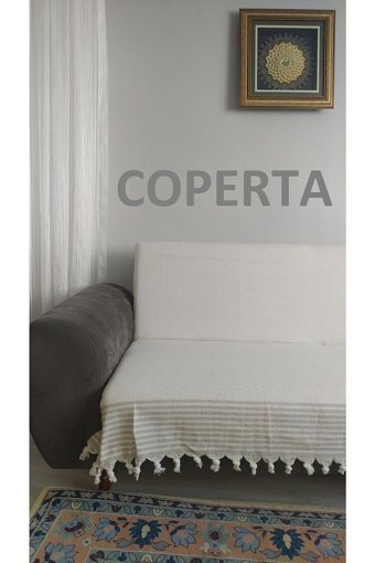 Coperta Pamuklu Kanvas Püsküllü Süngersiz Armürlü Bej Üçlü Koltuk Örtüsü 170x220 cm
