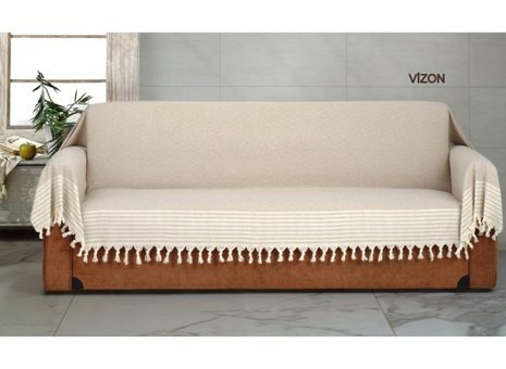 Genç Uludağ Pamuklu Püsküllü Süngersiz Çizgili Vizon Tekli Koltuk Örtüsü 180x300 cm