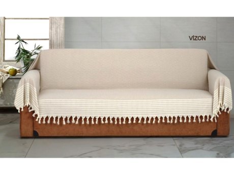 Genç Uludağ Pamuklu Püsküllü Süngersiz Çizgili Vizon Tekli Koltuk Örtüsü 180x300 cm