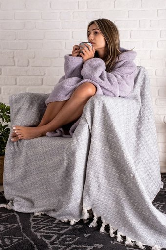 Akaystore Destina Pamuklu Süngersiz Ekoseli Gri Tekli Koltuk Örtüsü 200x230 cm