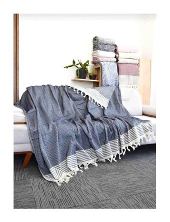Osmanlı Home Concept Pamuklu Örgü Saçaklı Süngersiz Çizgili Lacivert Üçlü Koltuk Örtüsü 170x301 cm