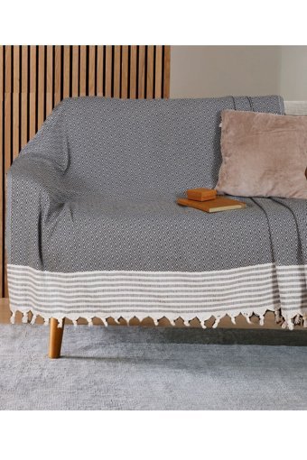 Bumedo Pamuklu Kanvas Püsküllü Süngersiz Armürlü Antrasit Üçlü Koltuk Örtüsü 170x210 cm