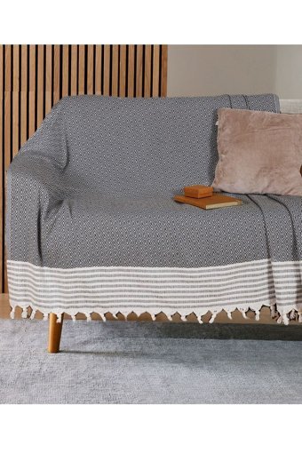 Bumedo Pamuklu Kanvas Püsküllü Süngersiz Armürlü Antrasit Üçlü Koltuk Örtüsü 170x210 cm