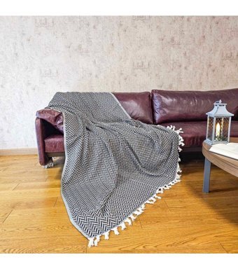 Czylife Pamuklu Kanvas Püsküllü Süngersiz Armürlü Siyah Üçlü Koltuk Örtüsü 200x200 cm