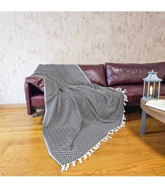 Czylife Pamuklu Kanvas Püsküllü Süngersiz Armürlü Siyah Üçlü Koltuk Örtüsü 200x200 cm