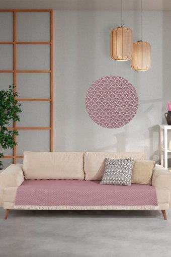 Znp Home Pamuklu Polar Saçaklı Süngersiz Çizgili Kırmızı Tekli Koltuk Örtüsü 100x210 cm
