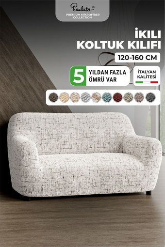 Paulato Mikrofiber Likralı Jakarlı Süngersiz Çizgili Giydirmeli Beyaz İkili Koltuk Örtüsü 100x160 cm