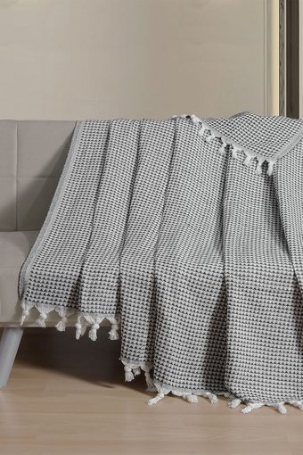 Meslina Home Pamuklu Püsküllü Süngersiz Çizgili Siyah Tekli Koltuk Örtüsü 180x220 cm