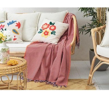 English Home Caline Pamuklu Kanvas Püsküllü Süngersiz Armürlü Kaymaz Pembe Dörtlü Koltuk Örtüsü 130x160 cm