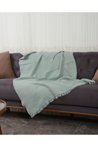 Oteks Home Collection Müslin Örgü Saçaklı Süngersiz Armürlü Yeşil Tekli Koltuk Örtüsü 100x200 cm