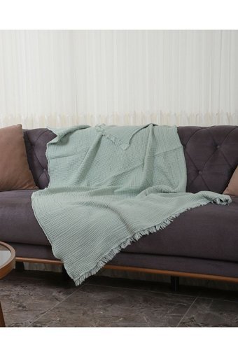 Oteks Home Collection Müslin Örgü Saçaklı Süngersiz Armürlü Yeşil Tekli Koltuk Örtüsü 100x200 cm