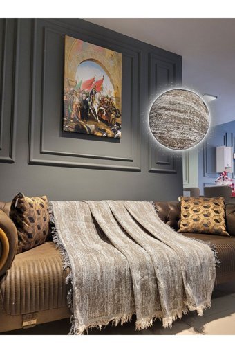 Obam Pamuklu Örgü Saçaklı Süngersiz Çizgili Kahverengi Tekli Koltuk Örtüsü 170x220 cm