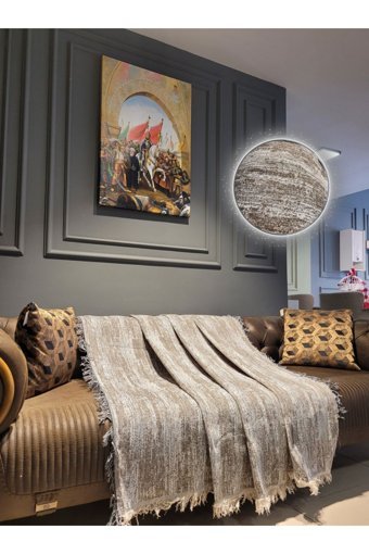 Obam Pamuklu Örgü Saçaklı Süngersiz Çizgili Kahverengi Tekli Koltuk Örtüsü 170x220 cm