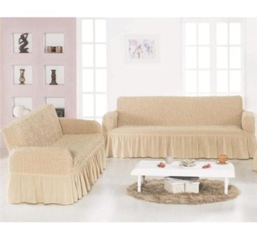 Rüzgar Ticaret Pamuklu - Polyester Bürümcük Jakarlı Süngersiz Düz Giydirmeli Bej Üçlü Koltuk Örtüsü 170x210 cm