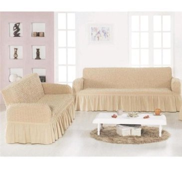 Rüzgar Ticaret Pamuklu - Polyester Bürümcük Jakarlı Süngersiz Düz Giydirmeli Bej Üçlü Koltuk Örtüsü 170x210 cm
