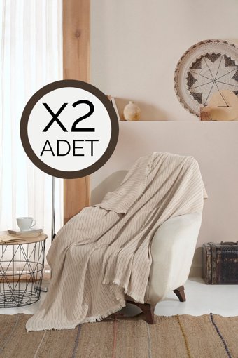 Lux Touch Vera Pamuklu Saçaklı Süngersiz Geometrik Desenli Bej İkili Koltuk Örtüsü 150x200 cm