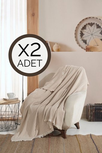 Lux Touch Vera Pamuklu Saçaklı Süngersiz Geometrik Desenli Bej İkili Koltuk Örtüsü 150x200 cm