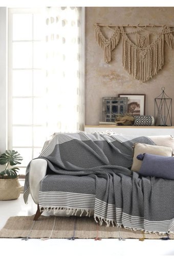 Lux Touch Bergama Pamuklu Püsküllü Süngersiz Geometrik Desenli Siyah Tekli Koltuk Örtüsü 170x200 cm
